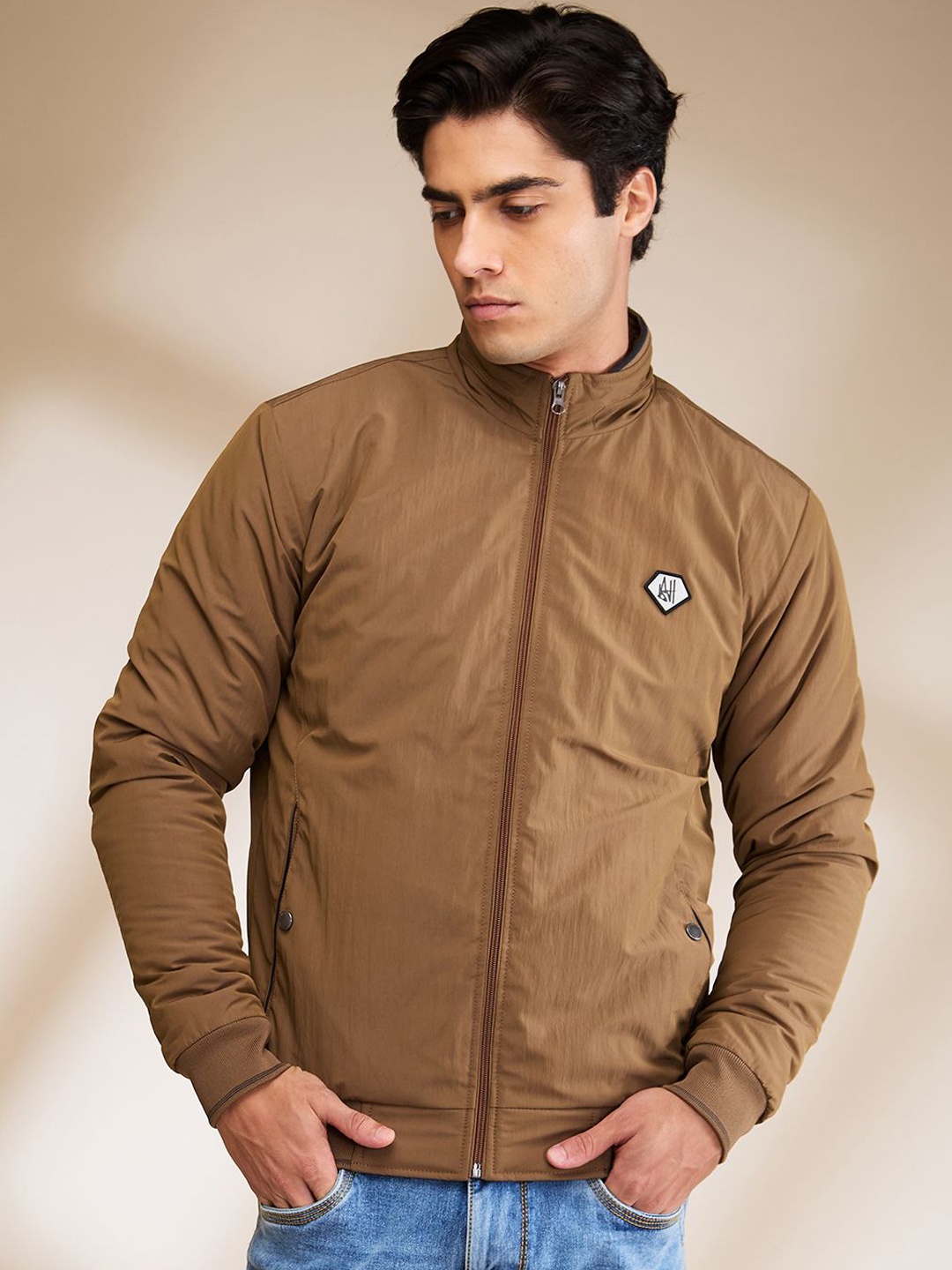 

Being Human Men Bomber with Patchwork Jacket, Yellow