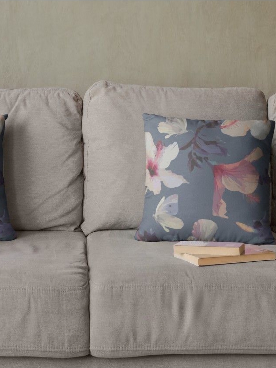

THEYAYACAFE Grey & Pink 2 Pieces Floral Printed Velvet Square Cushion Covers