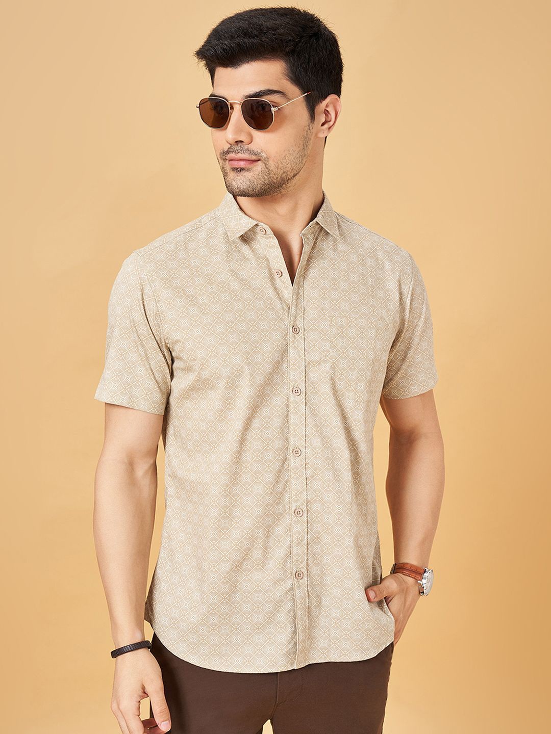 

BYFORD by Pantaloons Men Spread Collar Geometric Printed Cotton Casual Shirt, Khaki