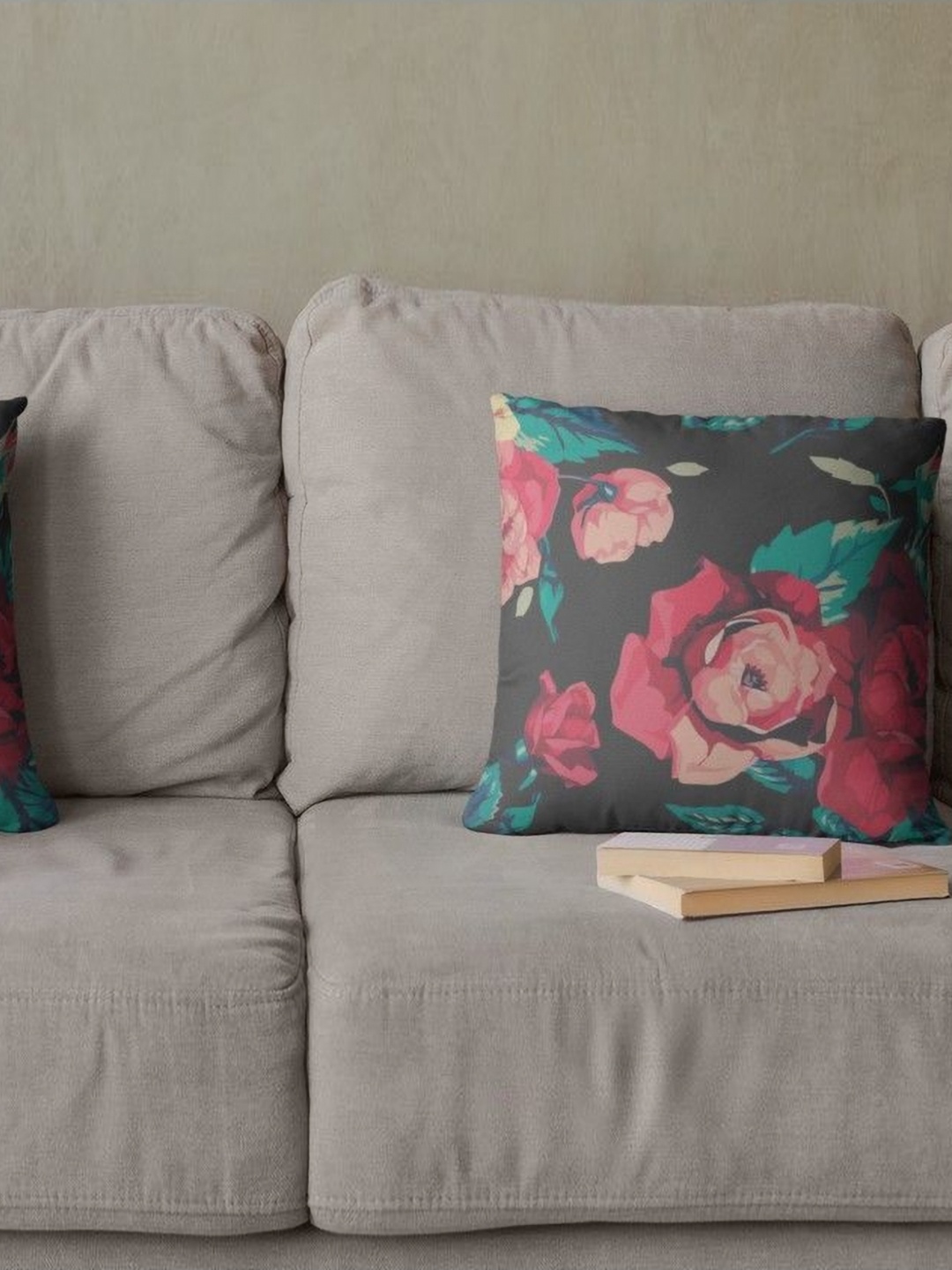 

THEYAYACAFE Grey & Pink 2 Pieces Floral Printed Velvet Square Cushion Covers