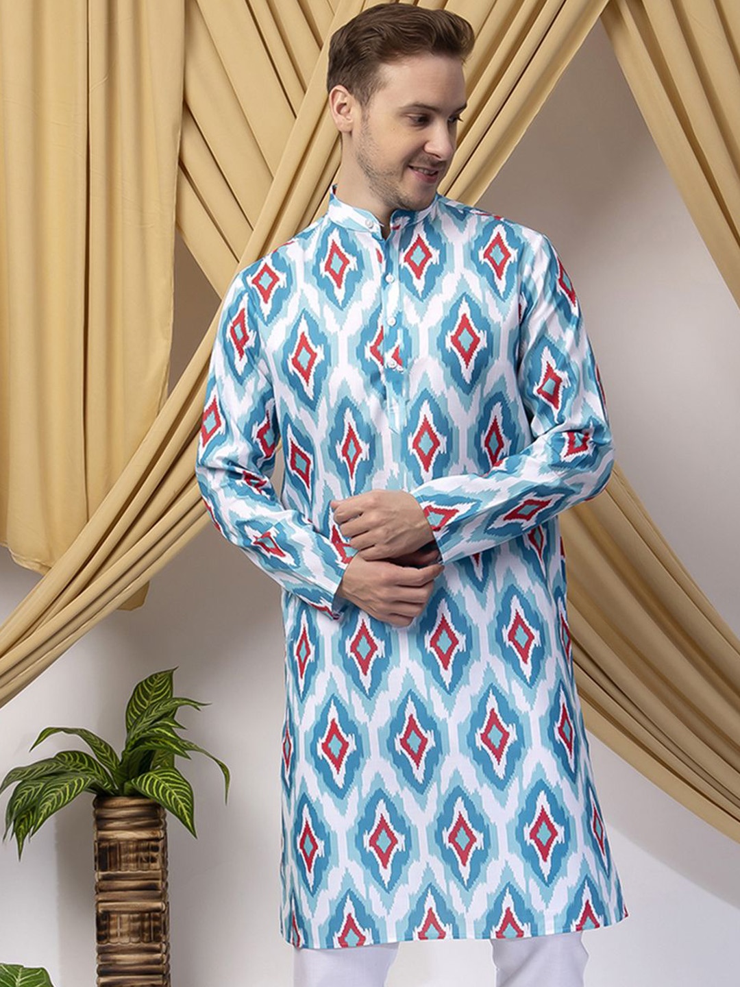 

Hangup Geometric Printed Mandarin Collar Straight Kurta, Blue
