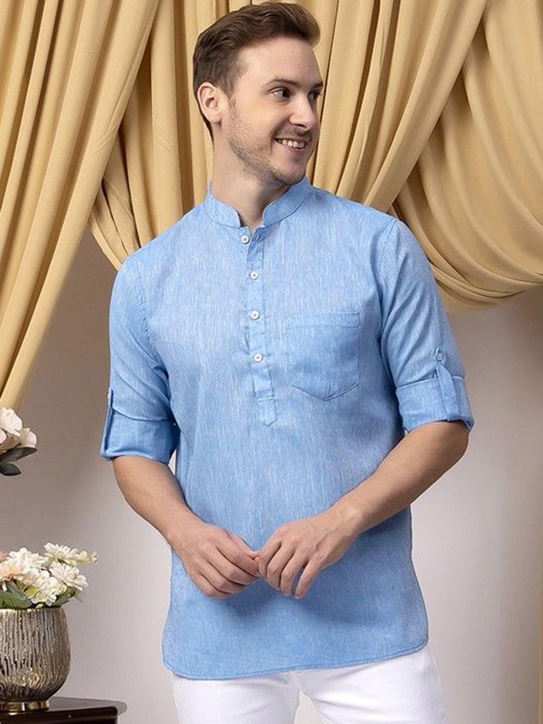 

Hangup Mandarin Collar Roll-Up Sleeves Linen Short Kurta, Blue