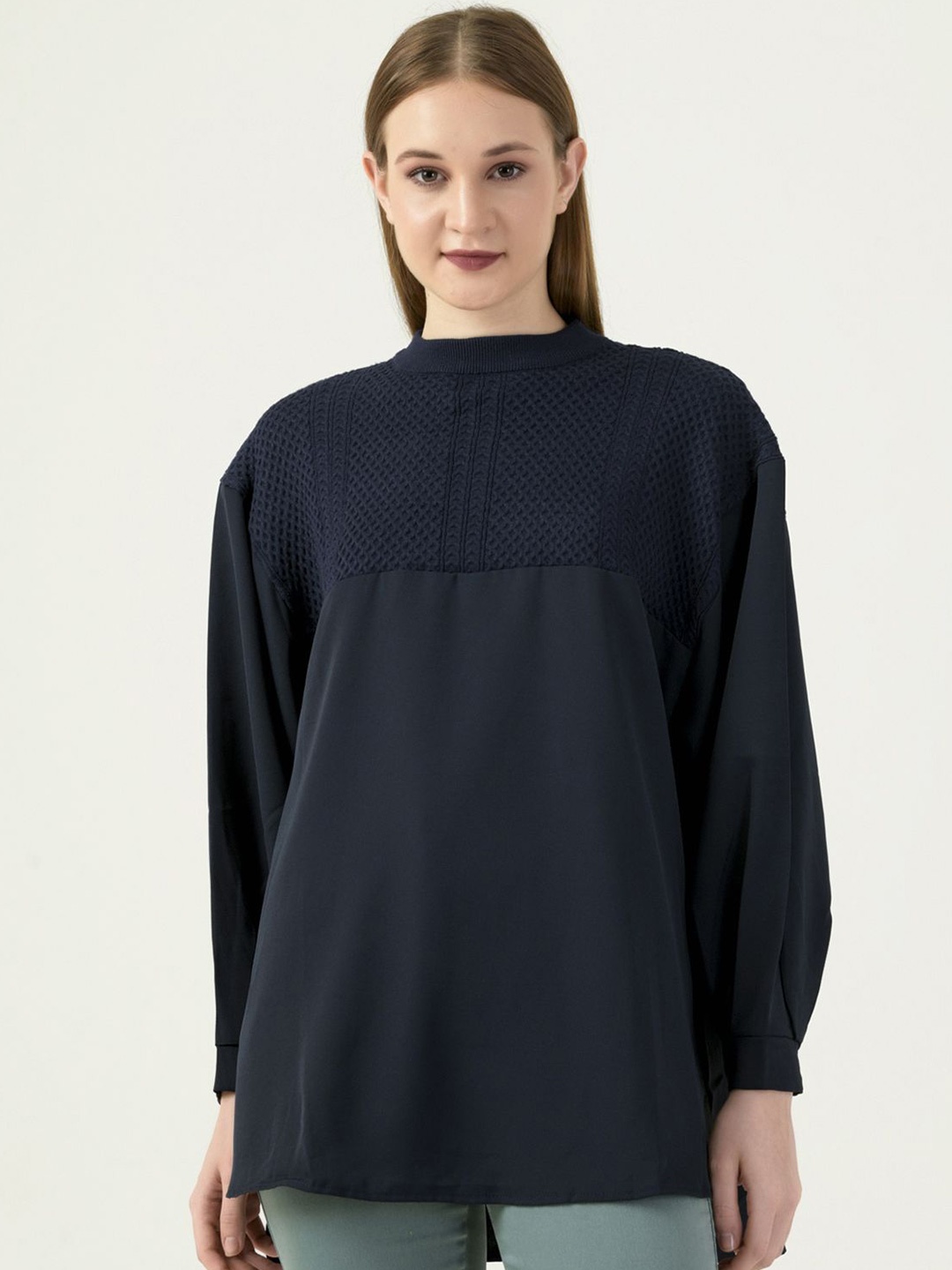 

Albion By CnM Women Self Design Round Neck Top, Navy blue