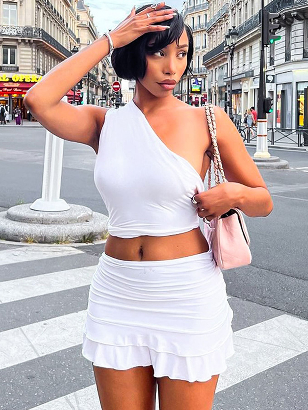 

LULU & SKY One Shoulder Sleeveless Top With Skirt, White