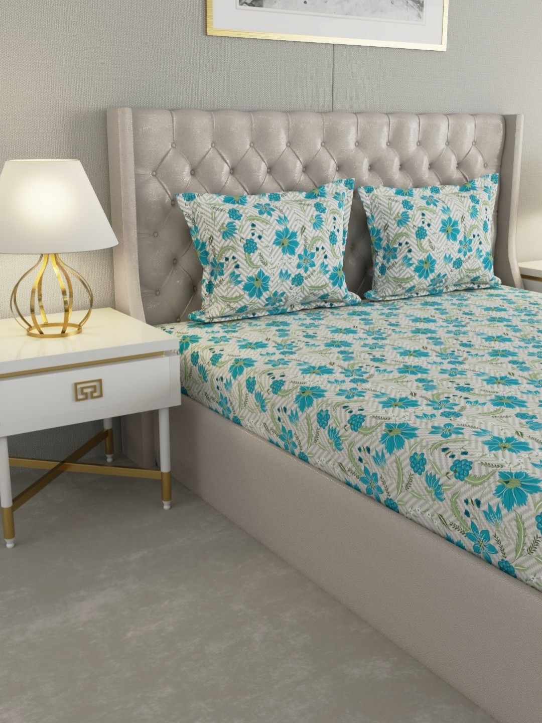 

Raymond Home Shubham Blue & Green Printed 120 TC Cotton King Bedsheet with 2 Pillow Covers