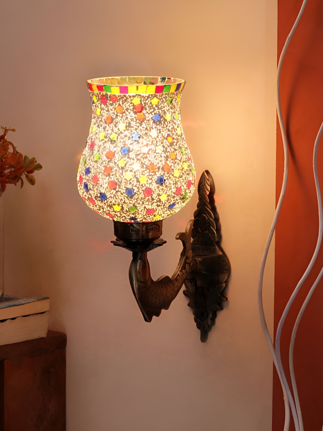 

Devansh White & Red Floral Textured Bell Shaped Metal & Glass Wall Lamp