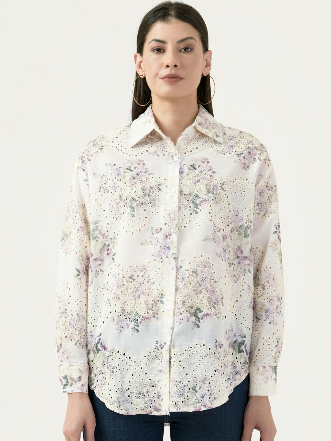 

Albion By CnM Women Spread Collar Floral Printed Polycotton Casual Shirt, White