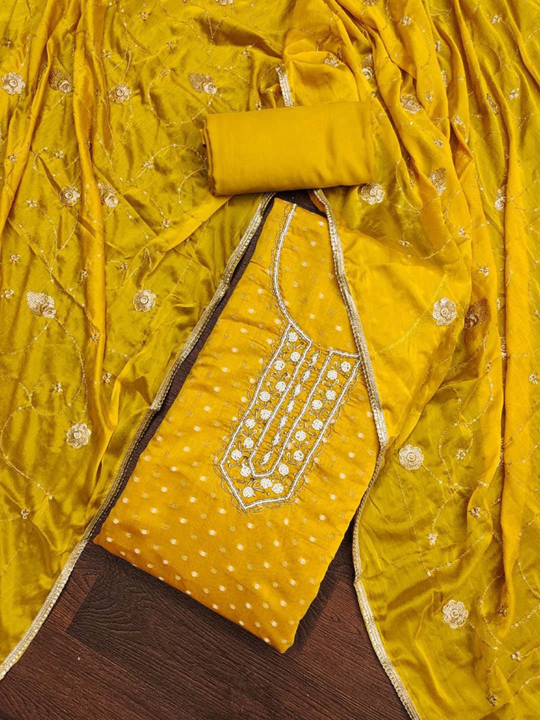 

ASISA Ethnic Motifs Embroidered Beads and Stones Unstitched Dress Material, Mustard