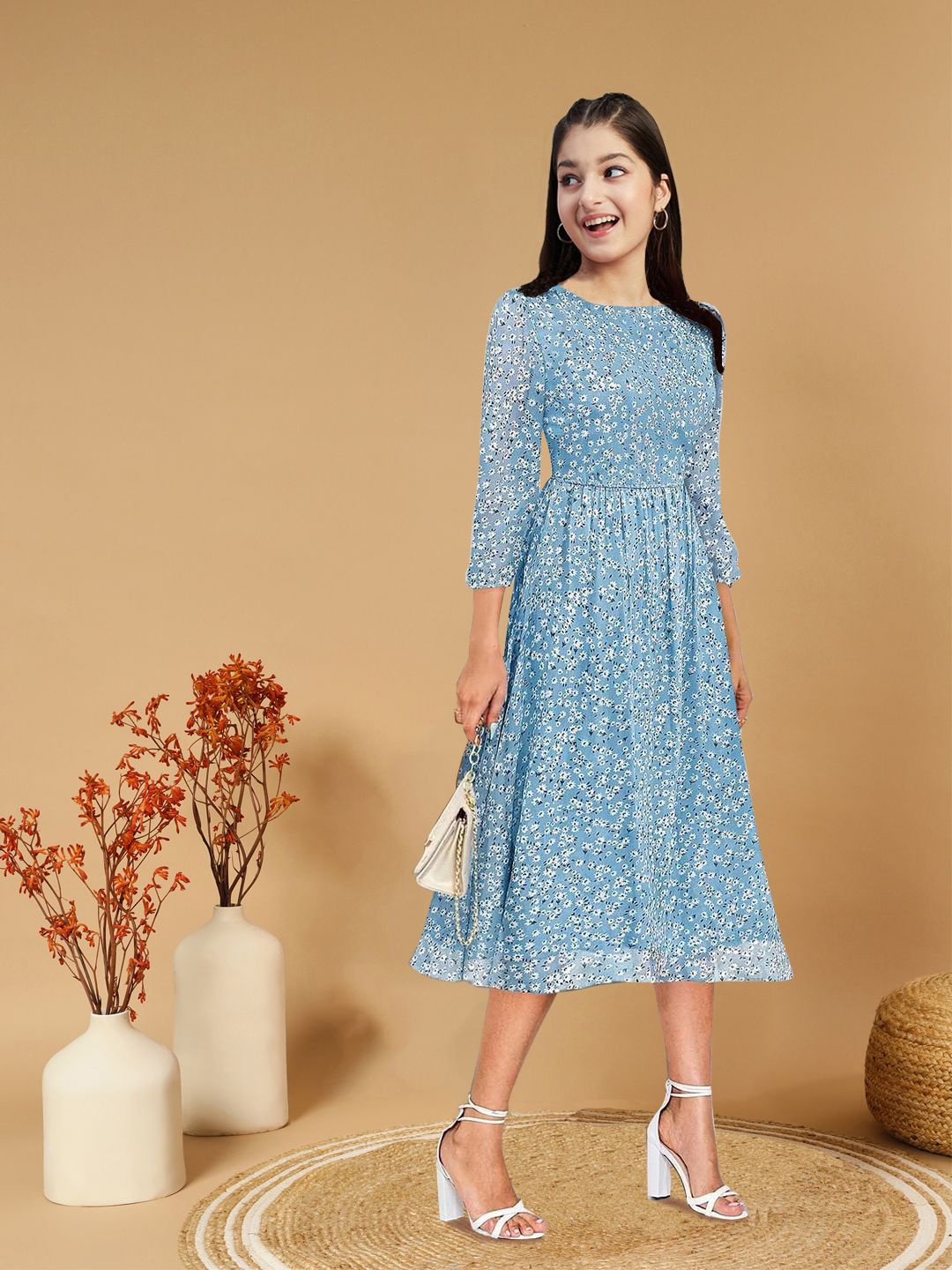 

BAESD Floral Printed Georgette Fit & Flare Midi Dress, Blue