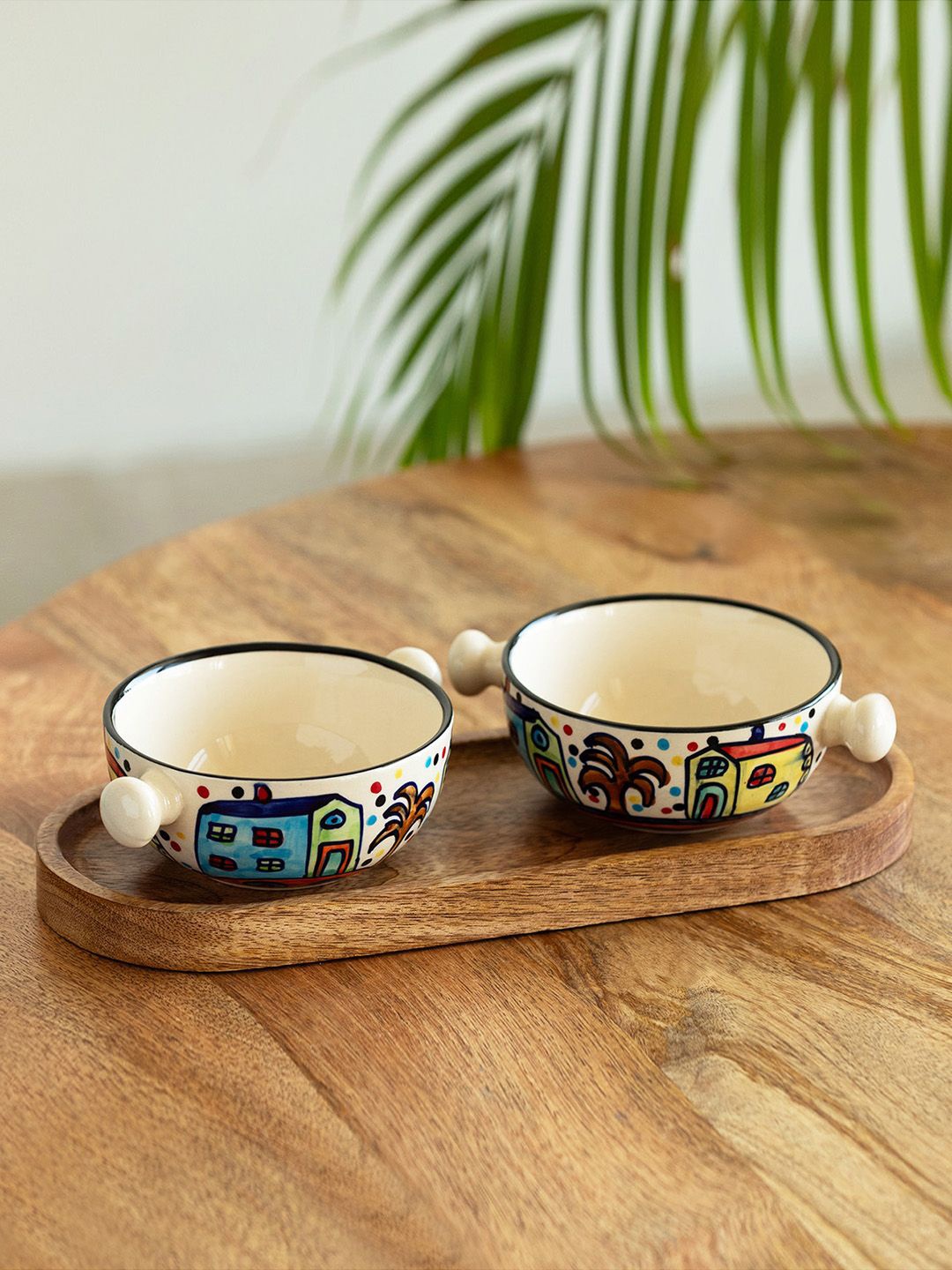 

ExclusiveLane White & Brown 3 Pieces Printed Ceramic Serving Bowl Set WIth Tray