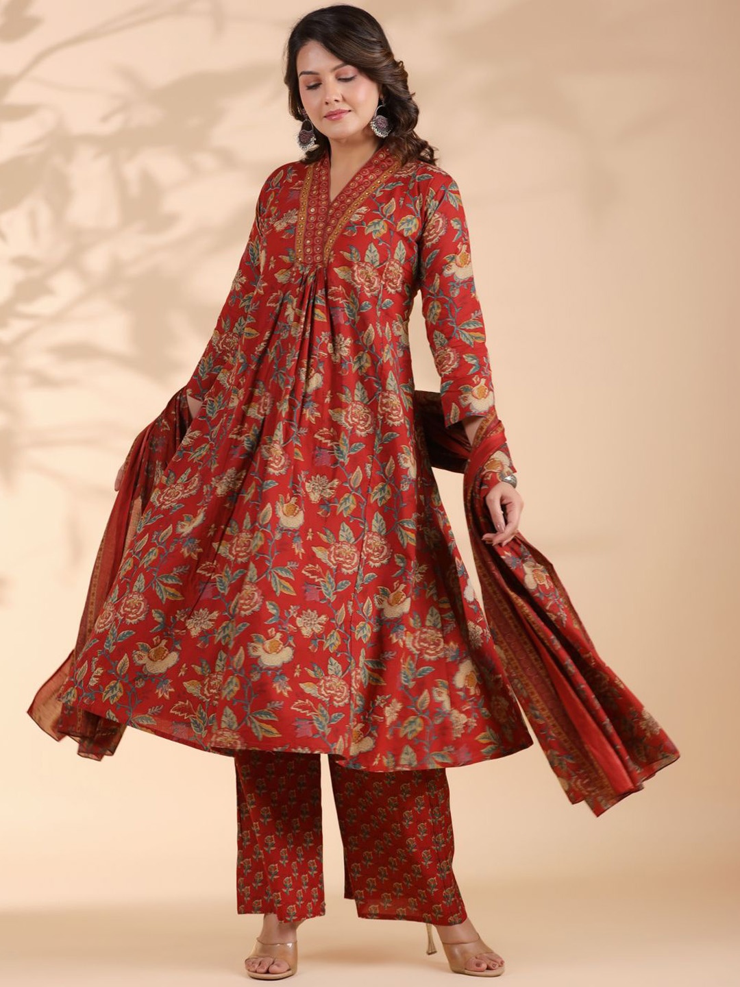 

Vbuyz Floral Printed Empire Pure Cotton A-Line Kurta With Palazzos & Dupatta, Red