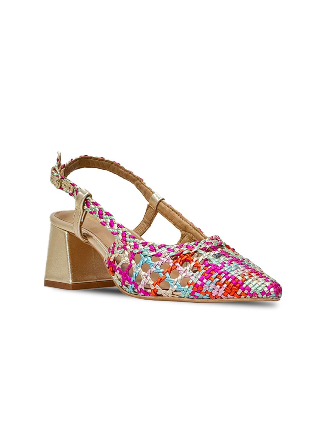 

Saint G Printed Leather Block Sandals with Buckles, Multi