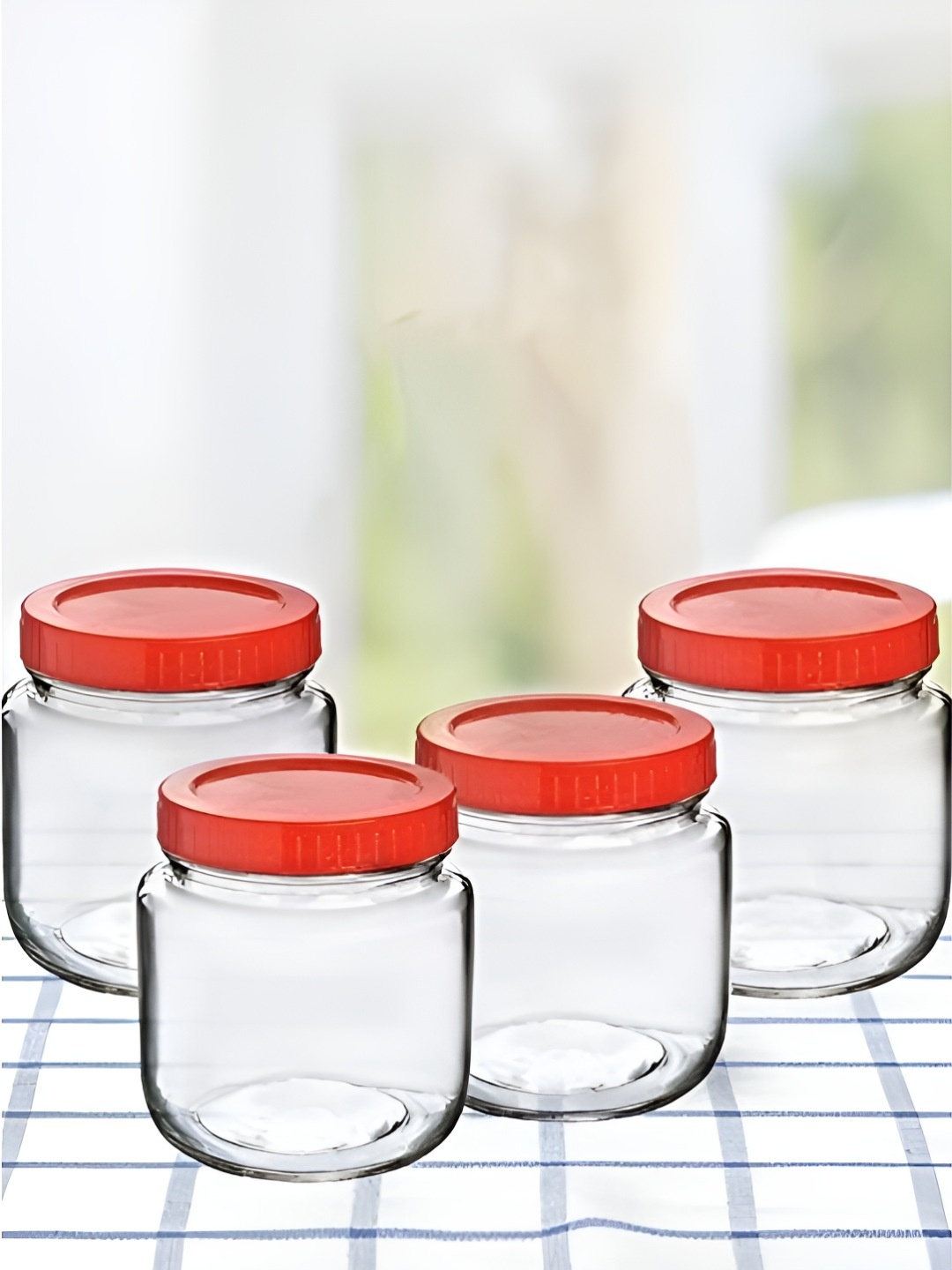 

tyche enterprises Transparent & Red 4 Pieces Glass Dishwasher Safe Container 500ml