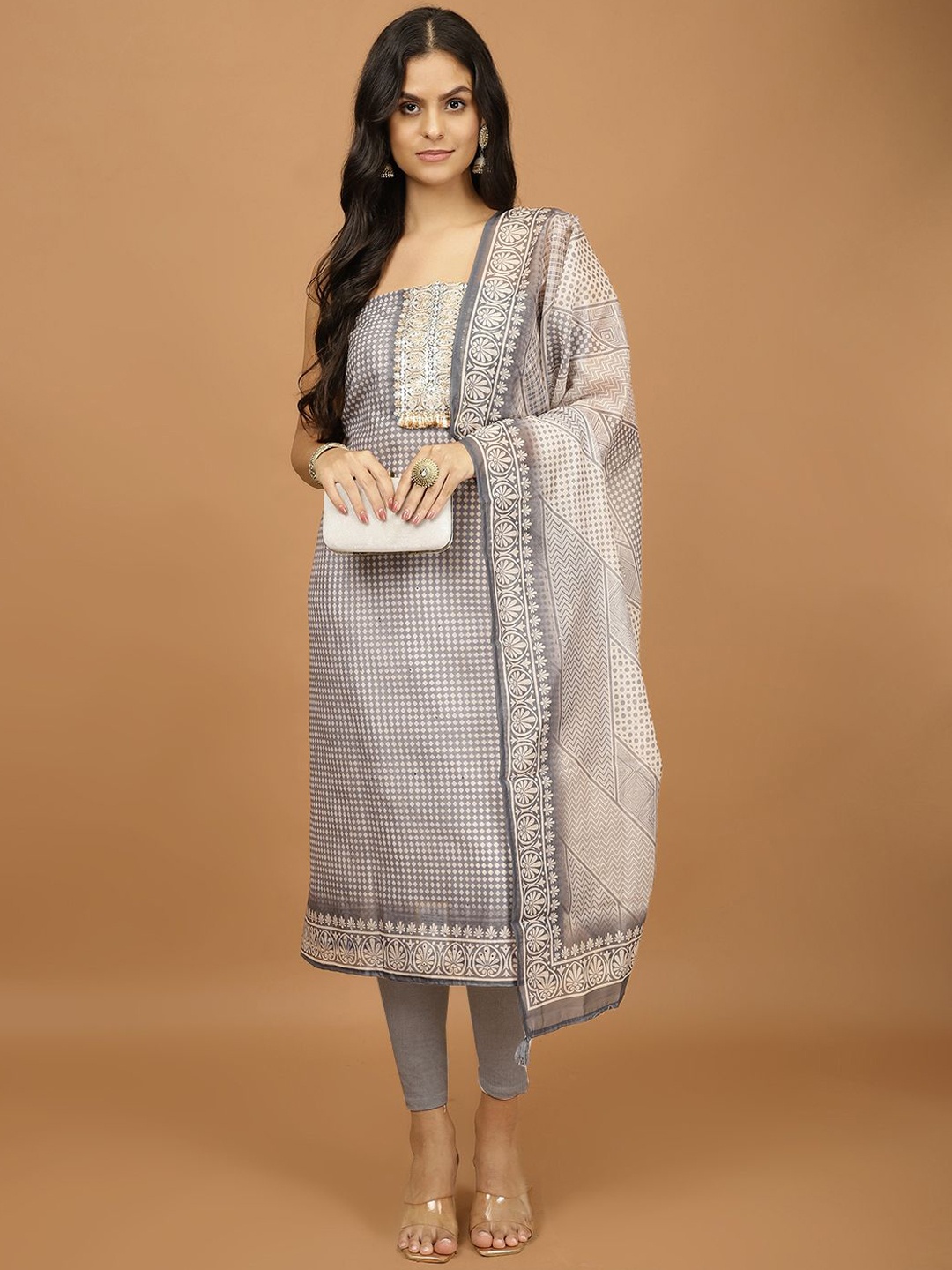 

Meena Bazaar Printed Art Silk Unstitched Dress Material, Grey