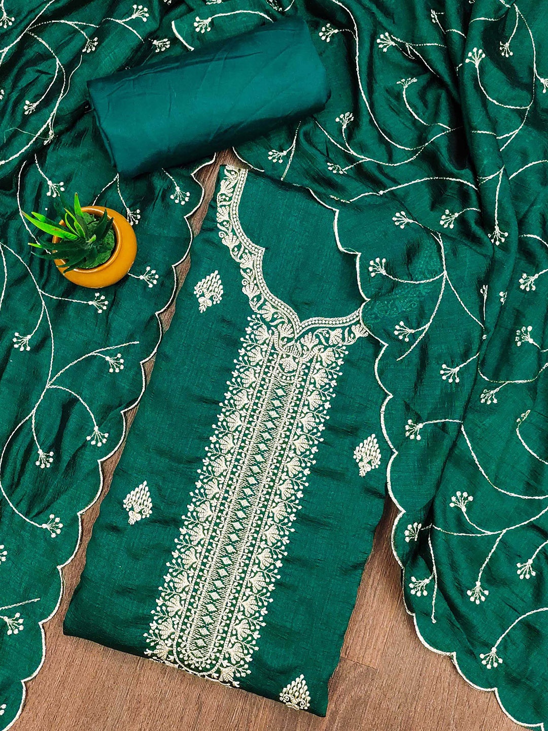 

Ishin Floral Embroidered Zari Work Unstitched Dress Material, Green