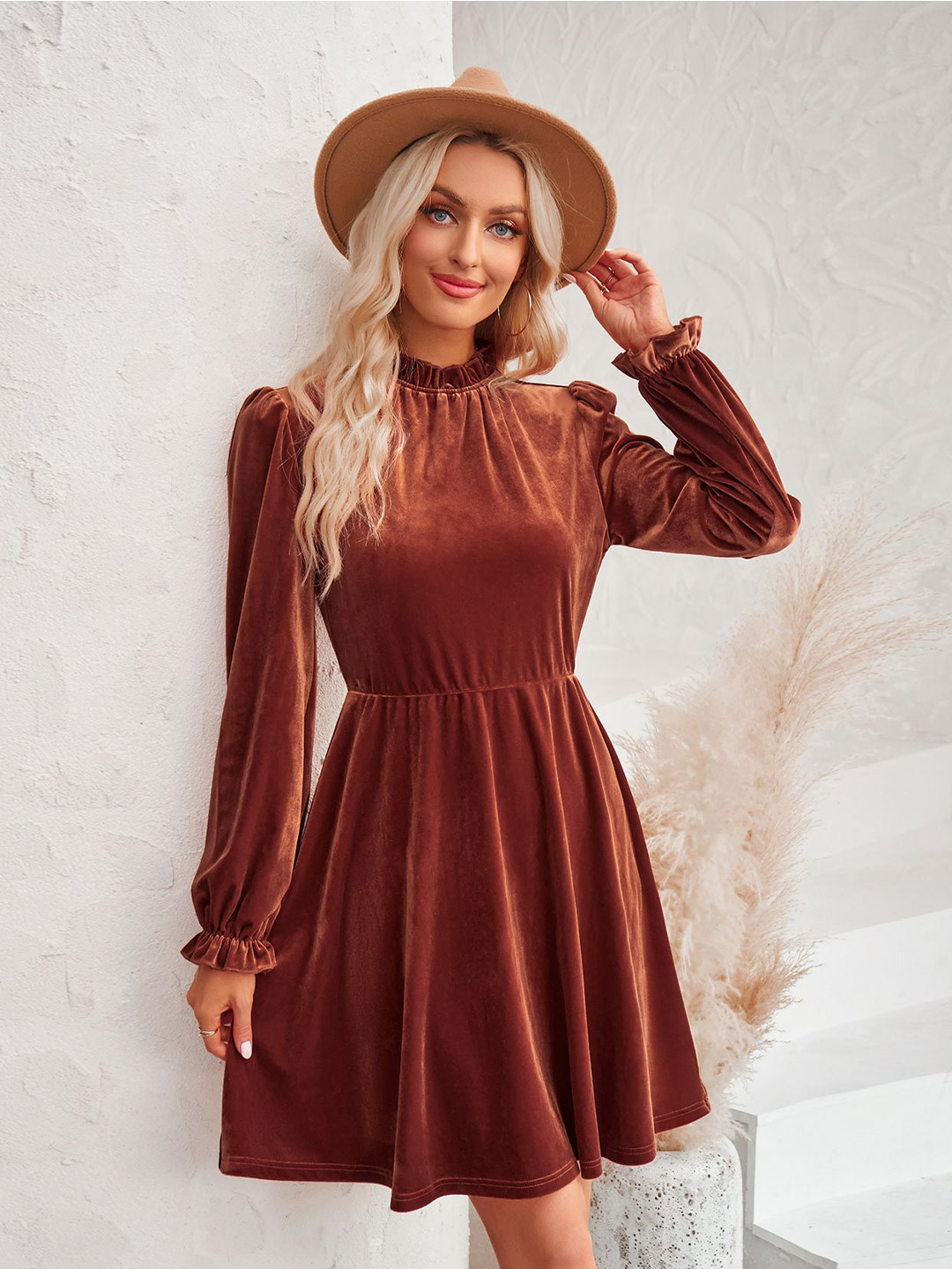 

StyleCast Women Solid Puff Sleeve Fit & Flare Dress, Brown