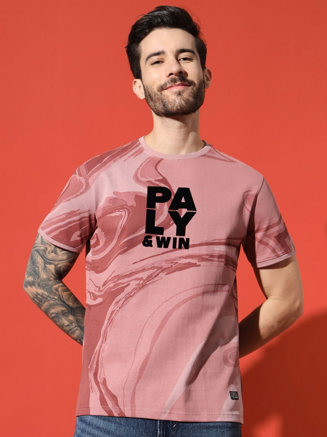 

URBAN TRAIL Men Abstract Printed Round Neck Cotton T-shirt, Pink