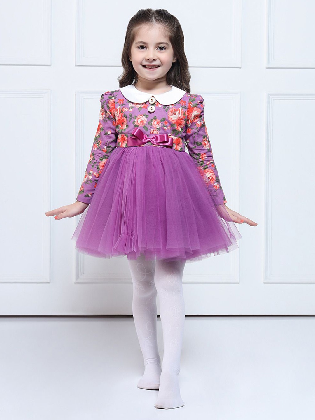 

THE PONY & PEONY CO. Girls Floral Printed Puff Sleeves Fit and Flare Dress, Purple