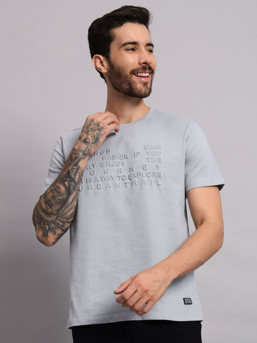

URBAN TRAIL Men Typography Printed Round Neck Cotton T-shirt, Grey