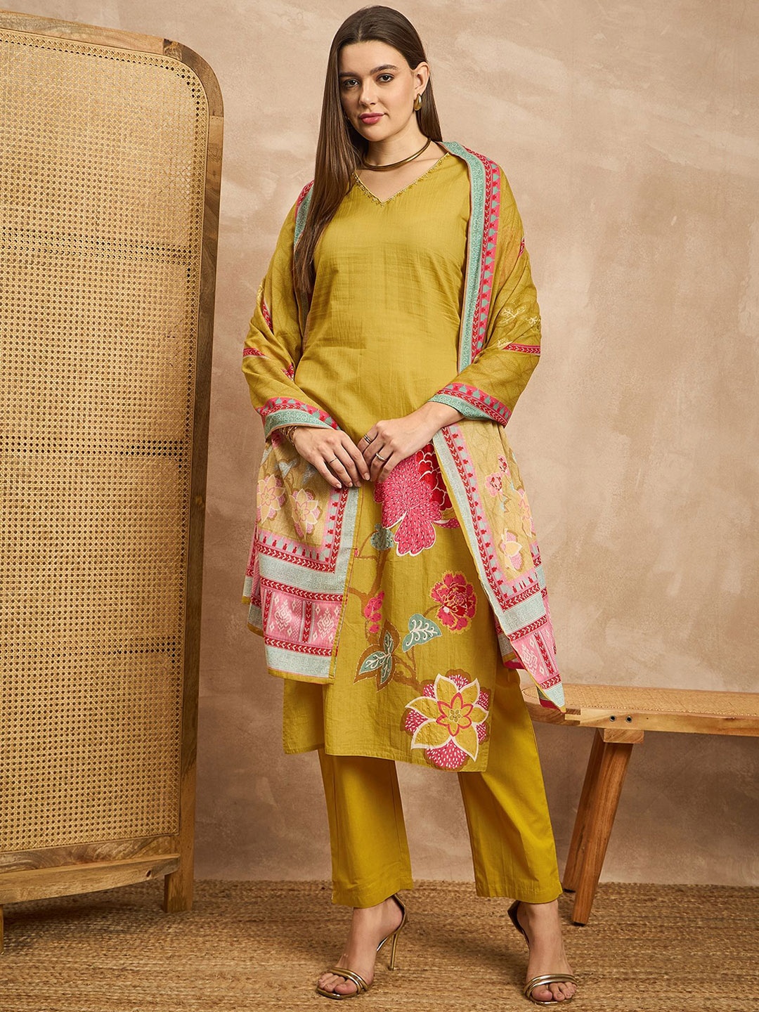 

all about you Printed Beads & Stones Pure Cotton Straight Kurta with Trousers & Dupatta, Mustard