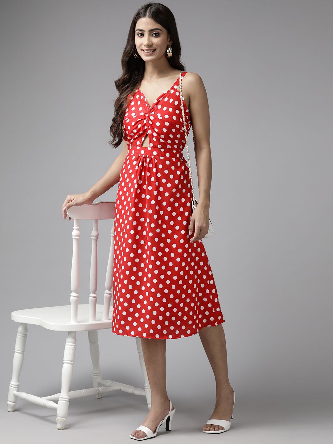 

BAESD Women Polka Dot Printed Shoulder Straps Cut-Out A-Line Midi Dress, Red