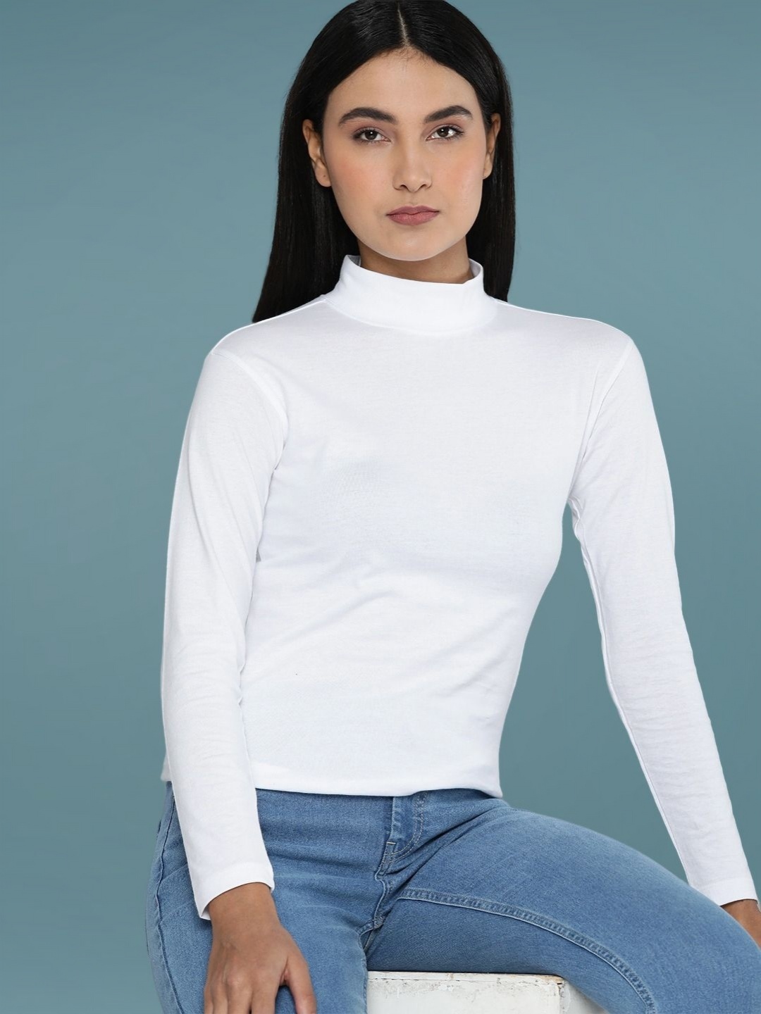 

DressBerry Women Solid High Neck Cotton Slim Fit T-shirt, White