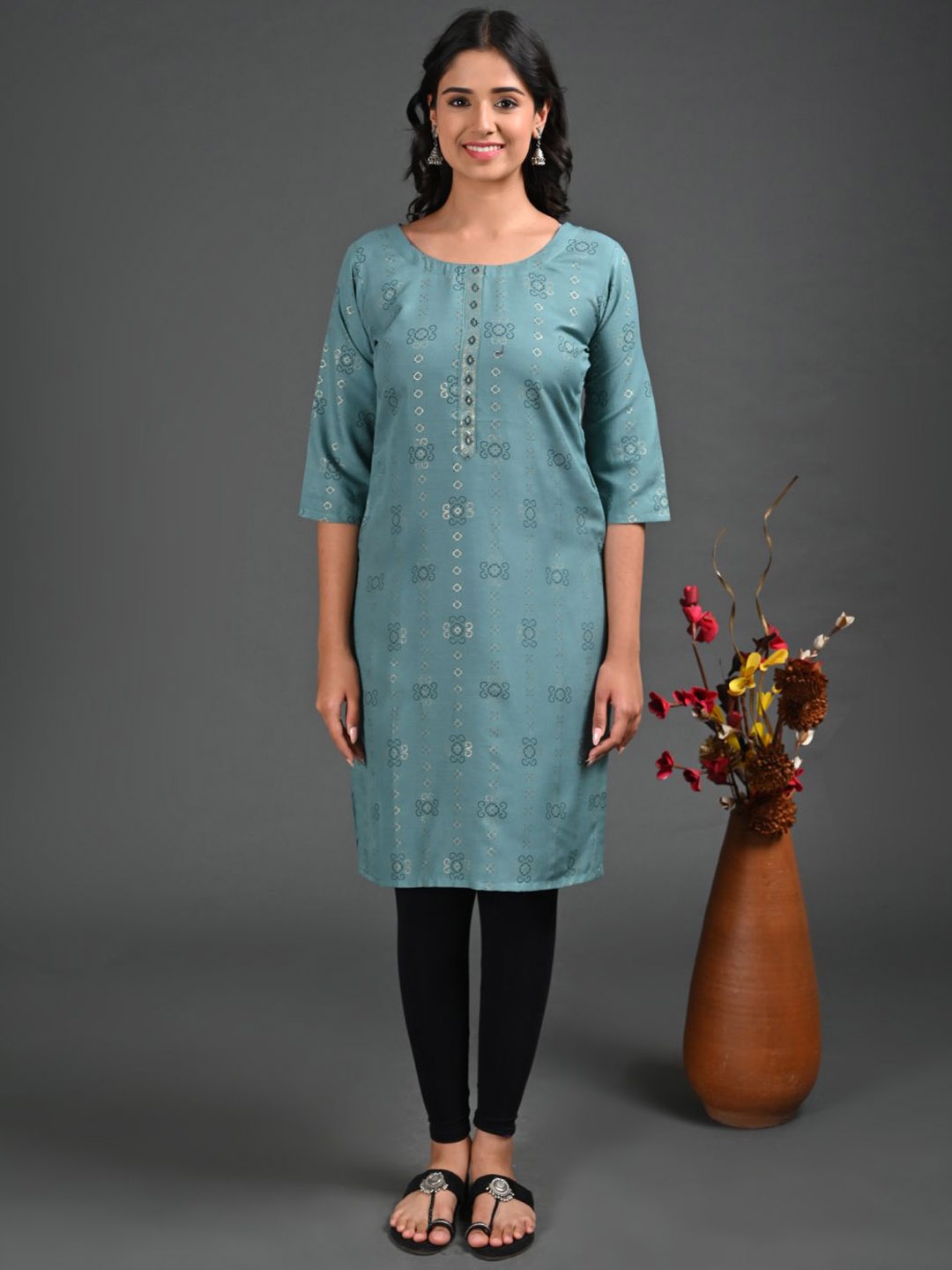 

GOLDSTROMS Ethnic Motifs Printed Straight Kurta, Green