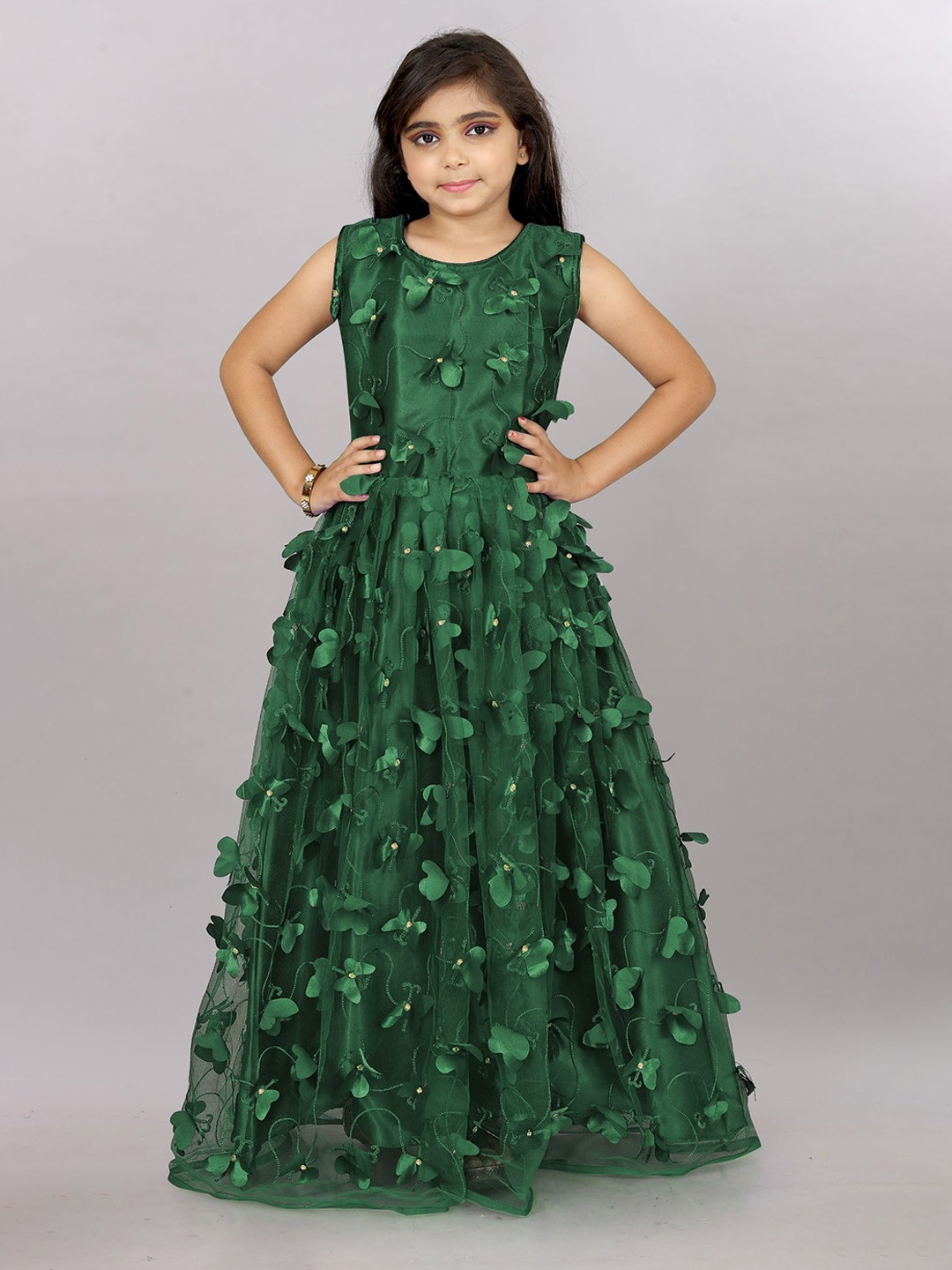 

JULEE Girls Floral Embroidered Net Maxi Dress, Green