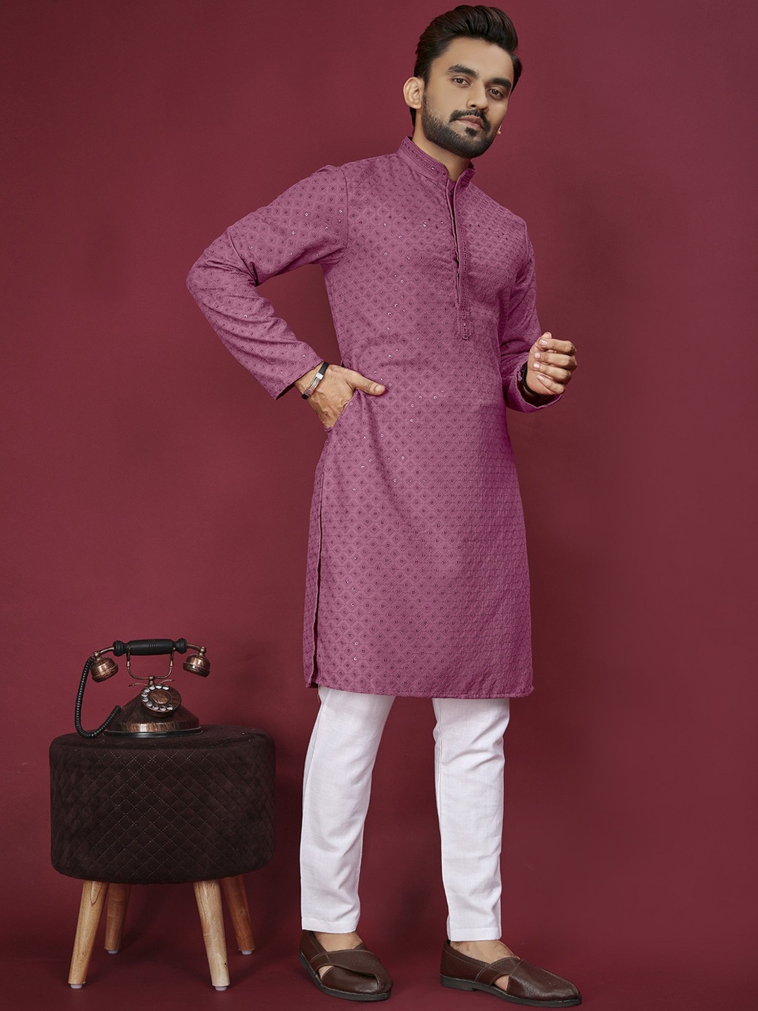 

Anaita Geometric Embroidered Mandarin Collar Sequins Straight Kurta, Pink