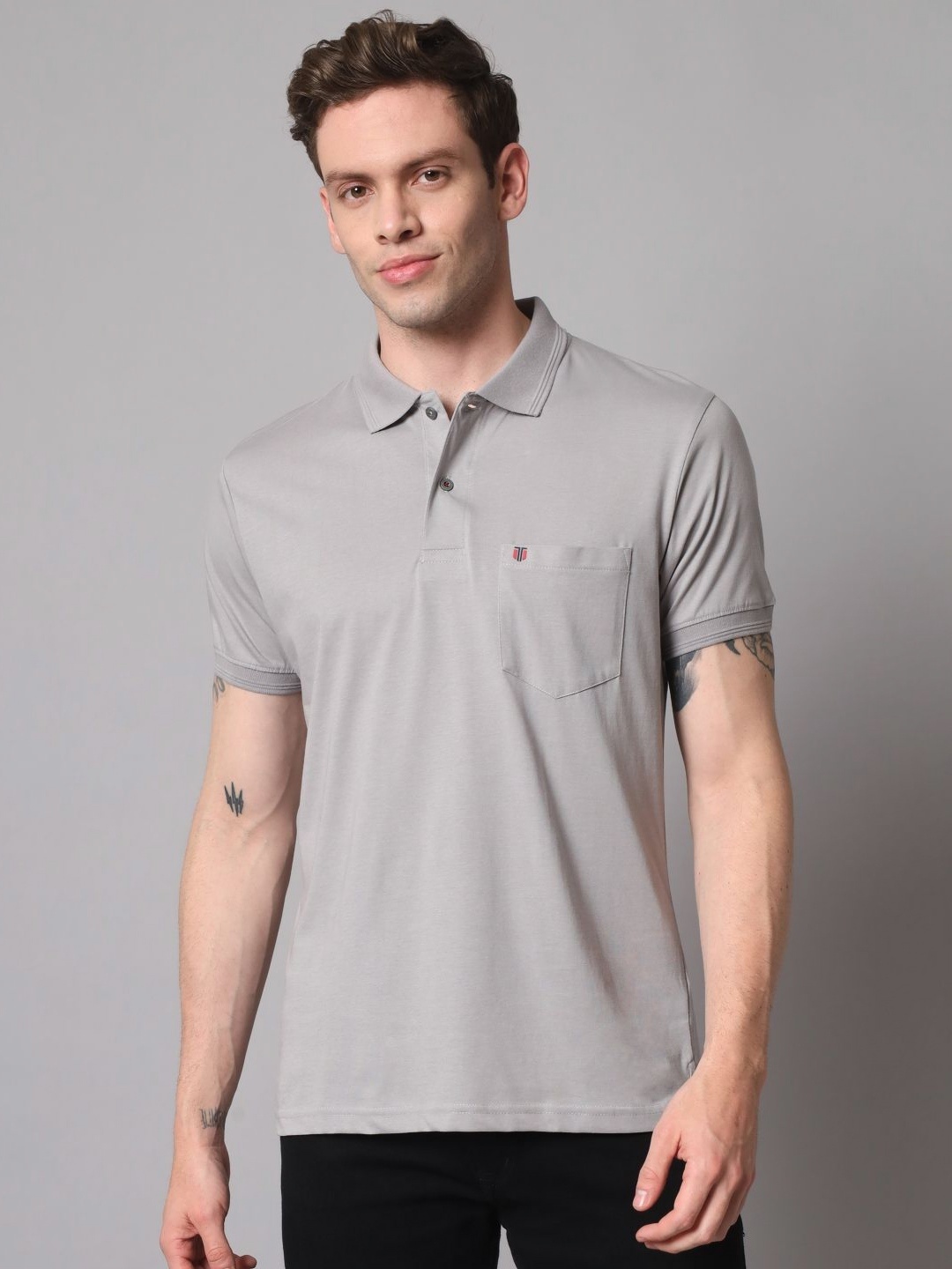 

URBAN TRAIL Men Solid Polo Collar Cotton T-shirt, Grey