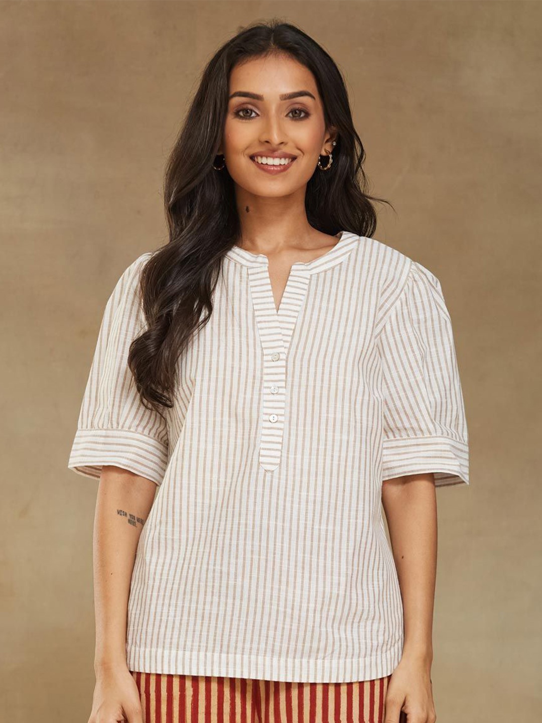 

Fabindia Women Vertical Striped Mandarin Collar Cotton Top, White