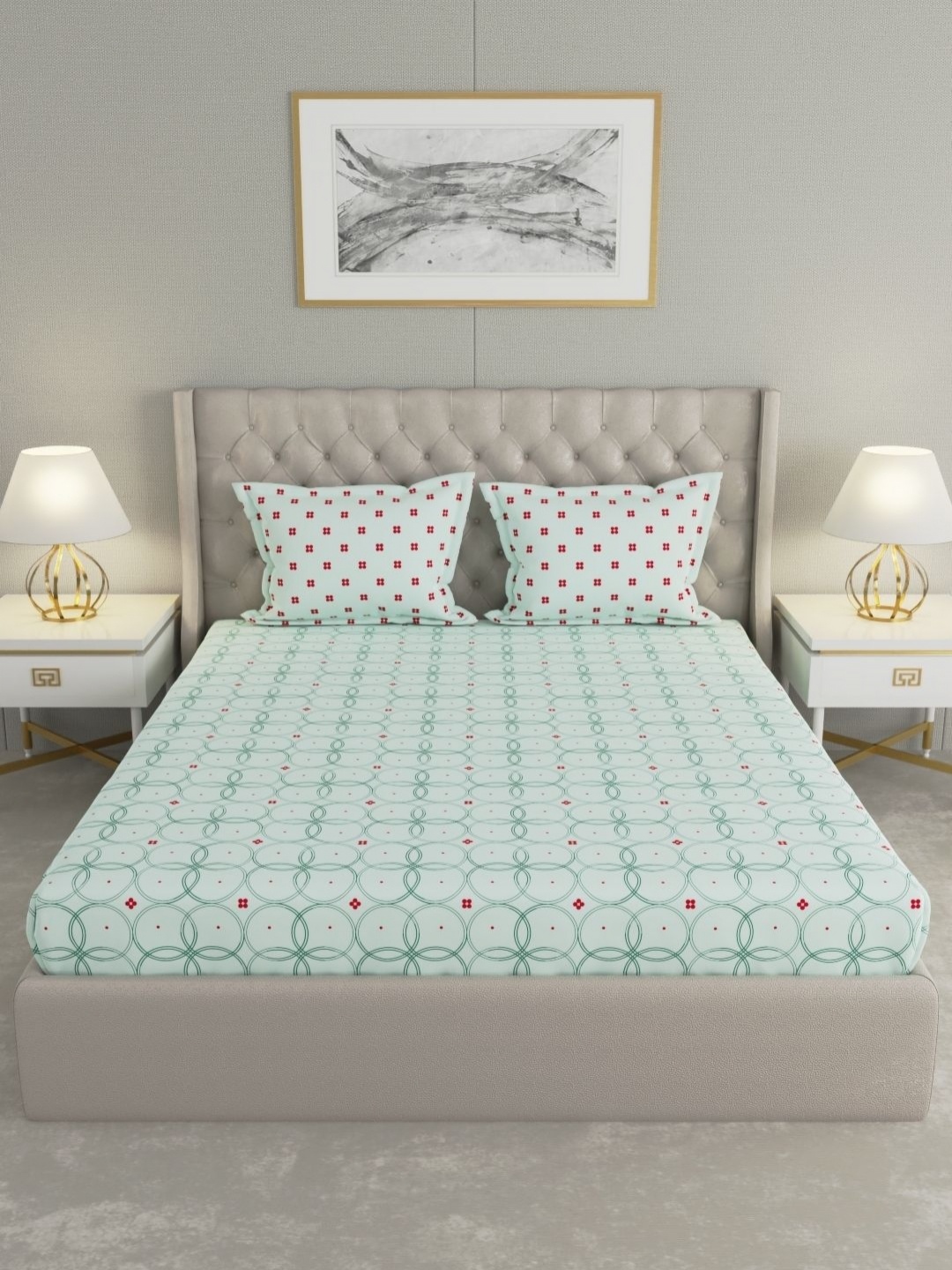 

Raymond Home Camphor Sea Green Geometric 144 TC Cotton Queen Bedsheet & 2 Pillow Covers