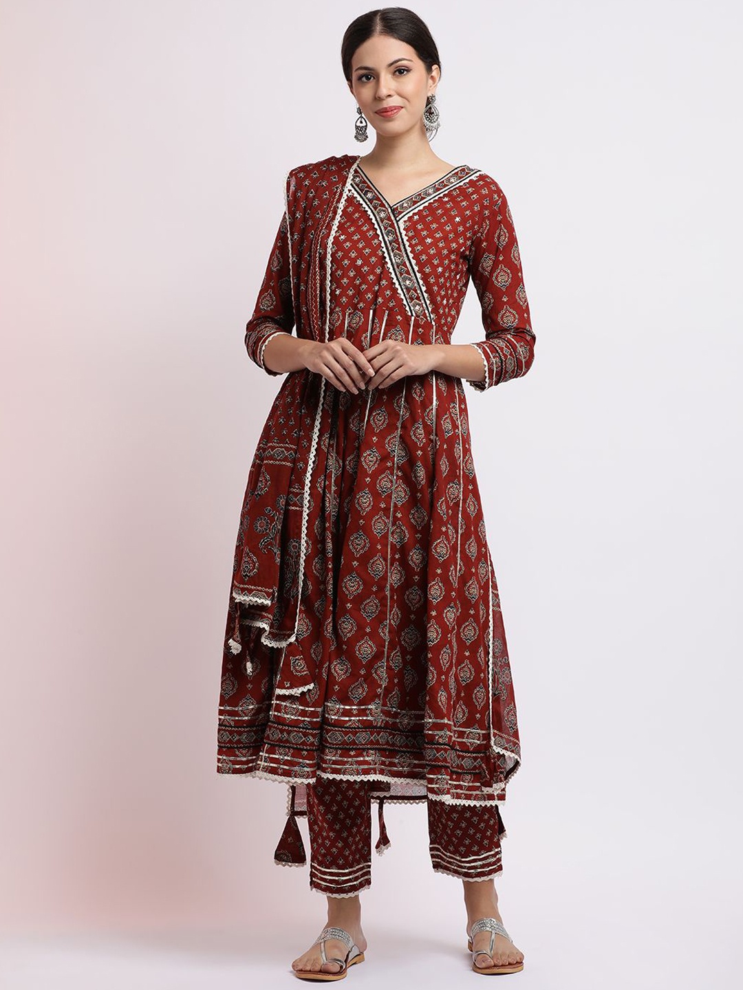

Jaipur Kurti Ajrakh Printed Cotton Kurta Set with Dupatta, Rust