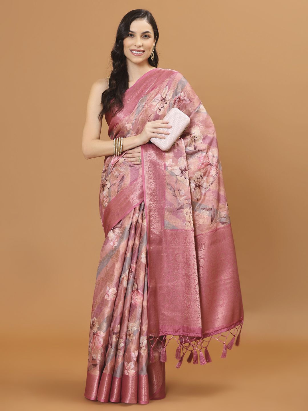 

Meena Bazaar Floral Zari Art Silk Saree, Pink