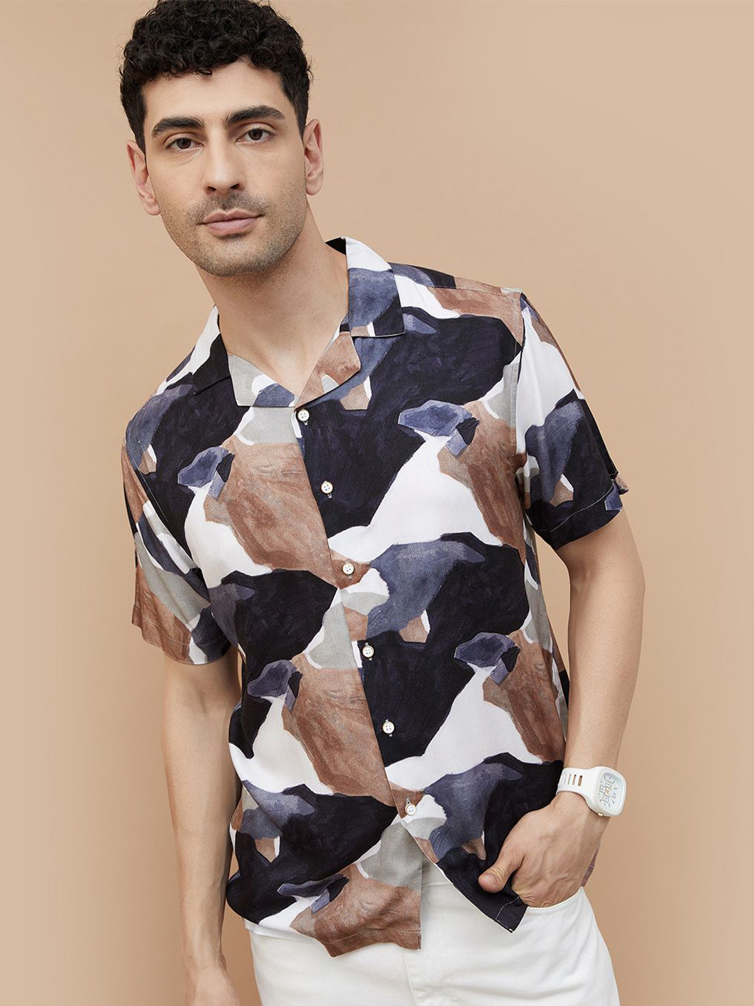 

CODE by Lifestyle Men Cuban Collar Abstract Printed Casual Shirt, Brown