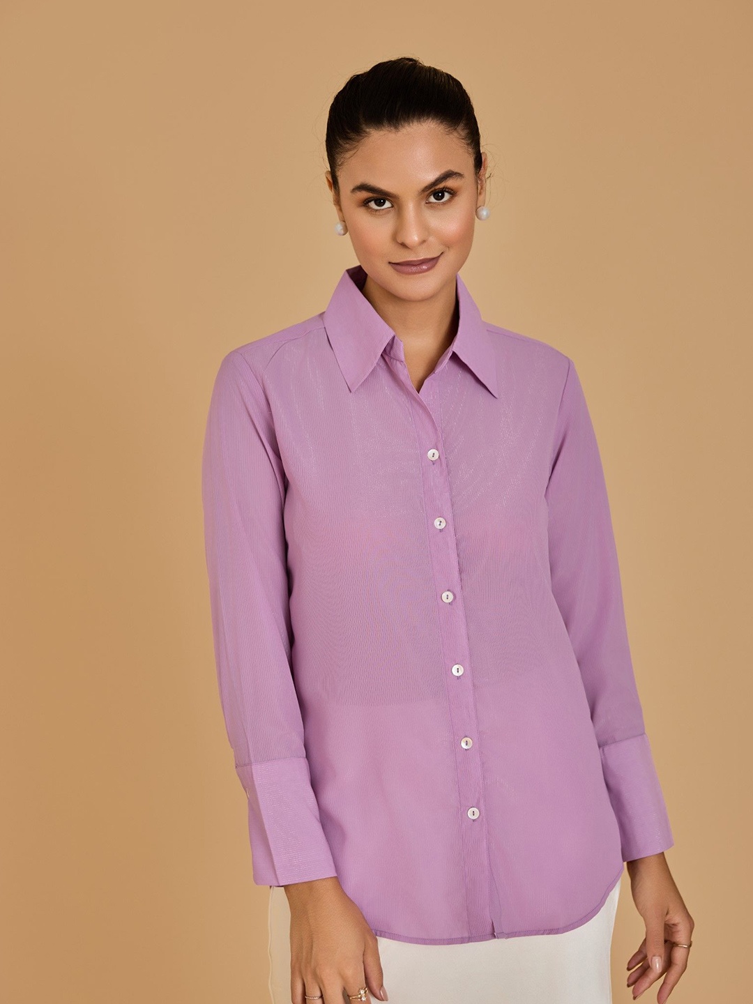 

Urban Sundari Women New Spread Collar Solid Cotton Casual Shirt, Purple