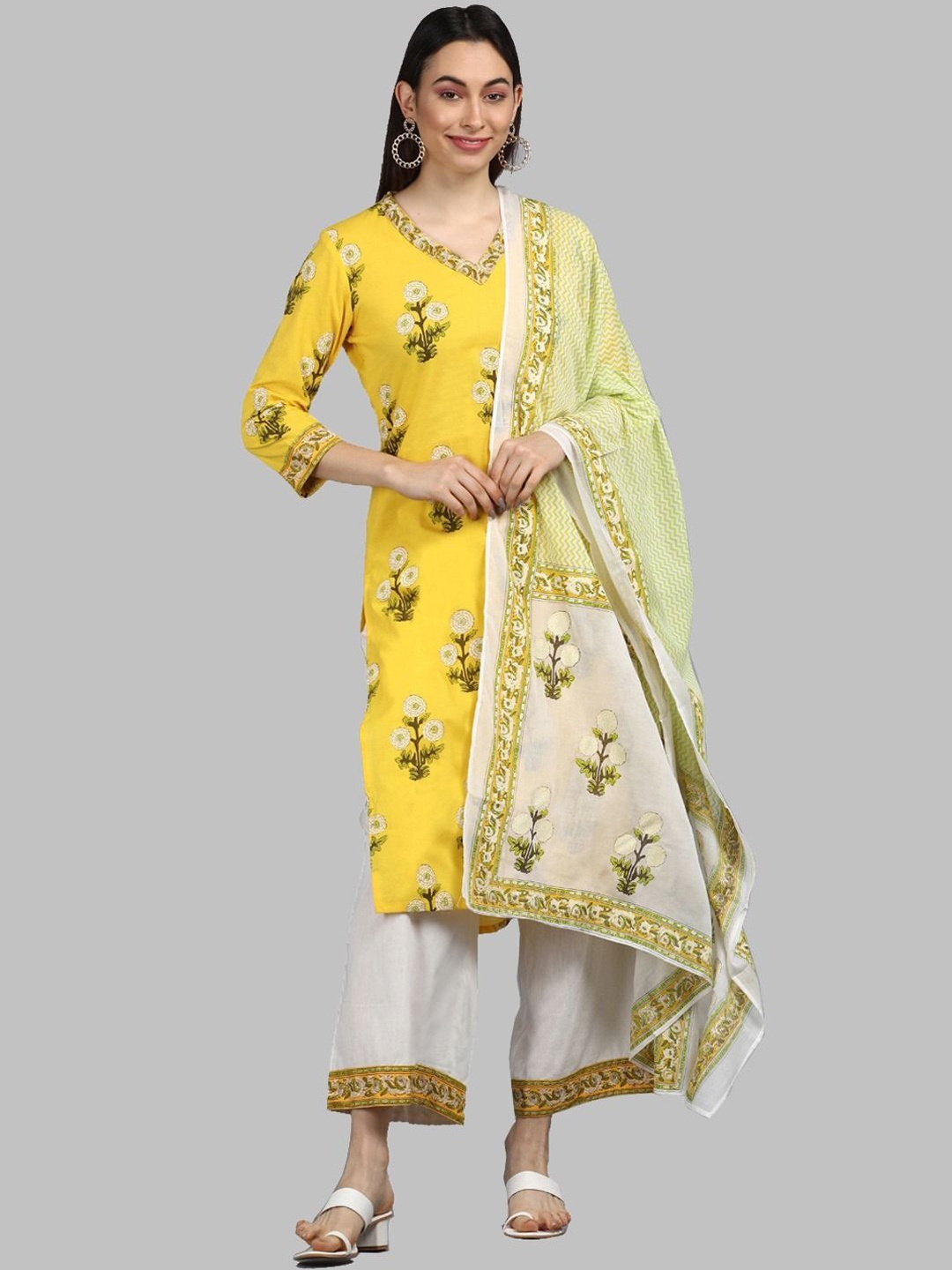 

KALINI Floral Printed V-Neck Pure Cotton Straight Kurta with Palazzo & Dupatta, Yellow