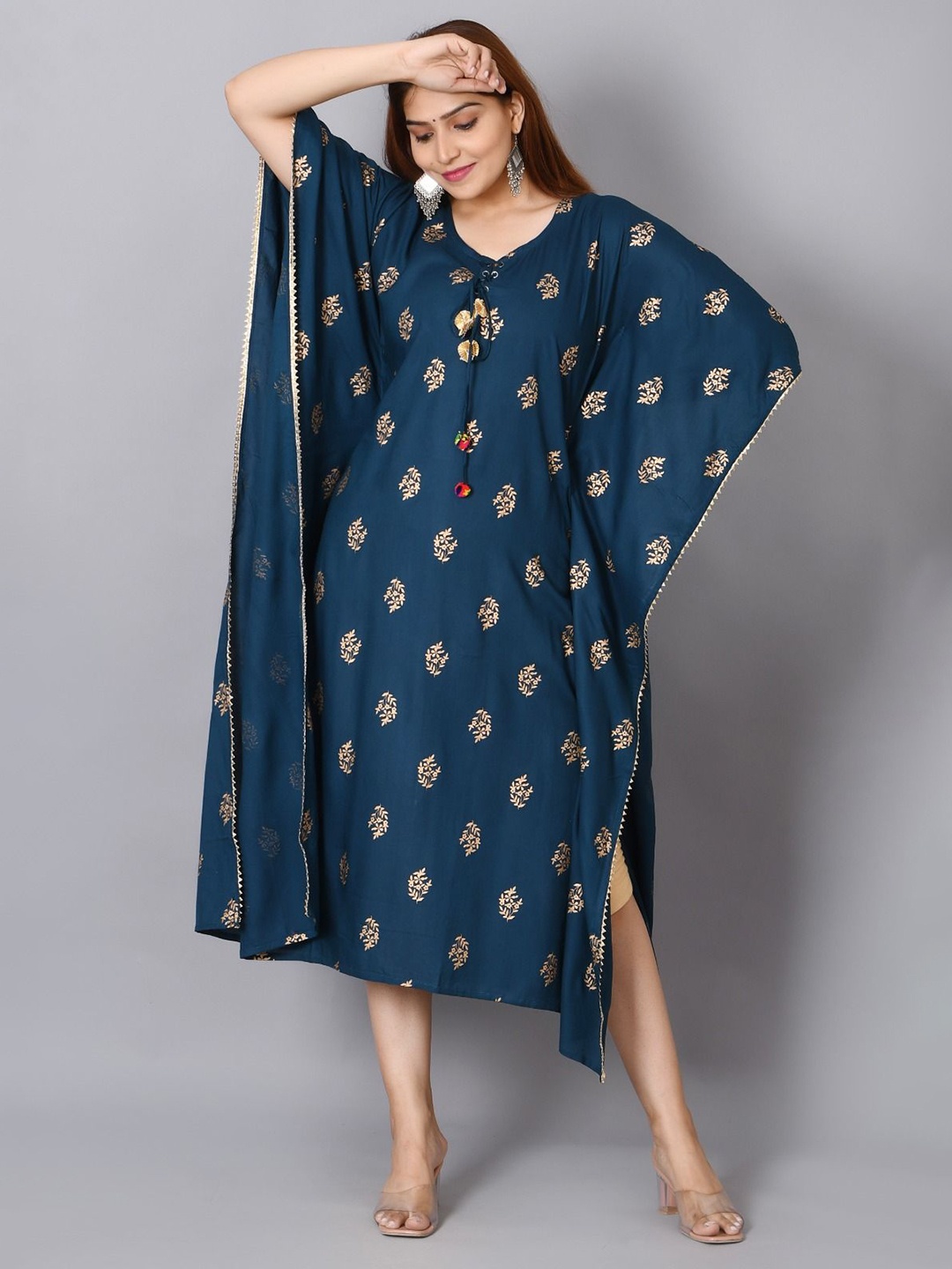 

Cloth Bites Women Printed Kaftan Ethnic Dress, Teal