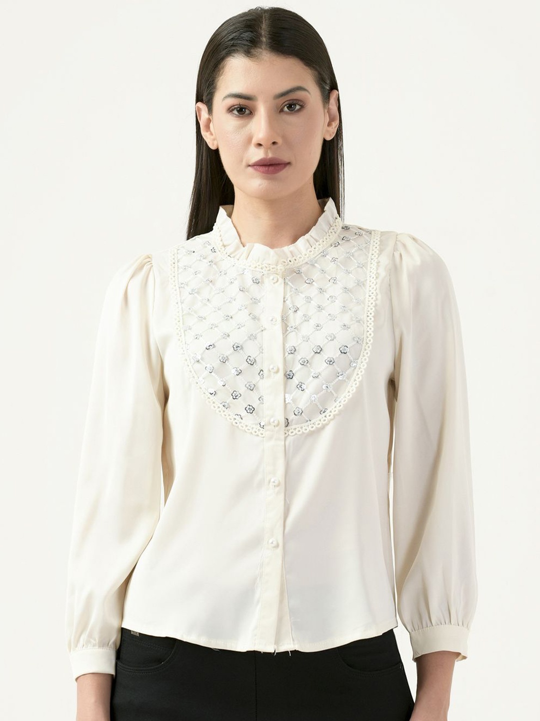 

Albion By CnM Women Floral Printed Mandarin Collar Top, Cream