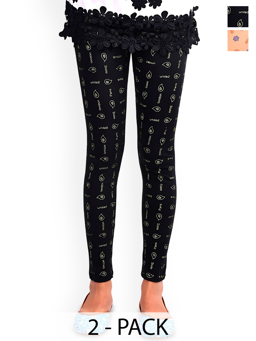 

FRENCH KLEIDER Girls Pack Of 2 Printed Ankle-Length Leggings, Black