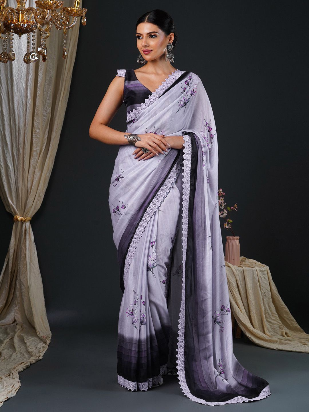 

Anouk Floral Embroidered Block Print Saree, Lavender