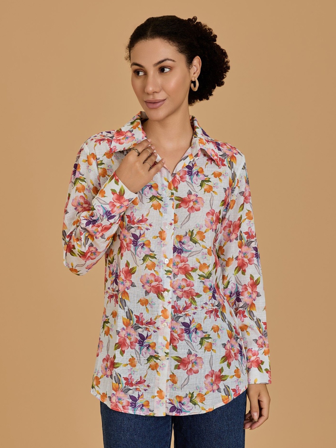 

Urban Sundari Women New Spread Collar Floral Printed Cotton Casual Shirt, White