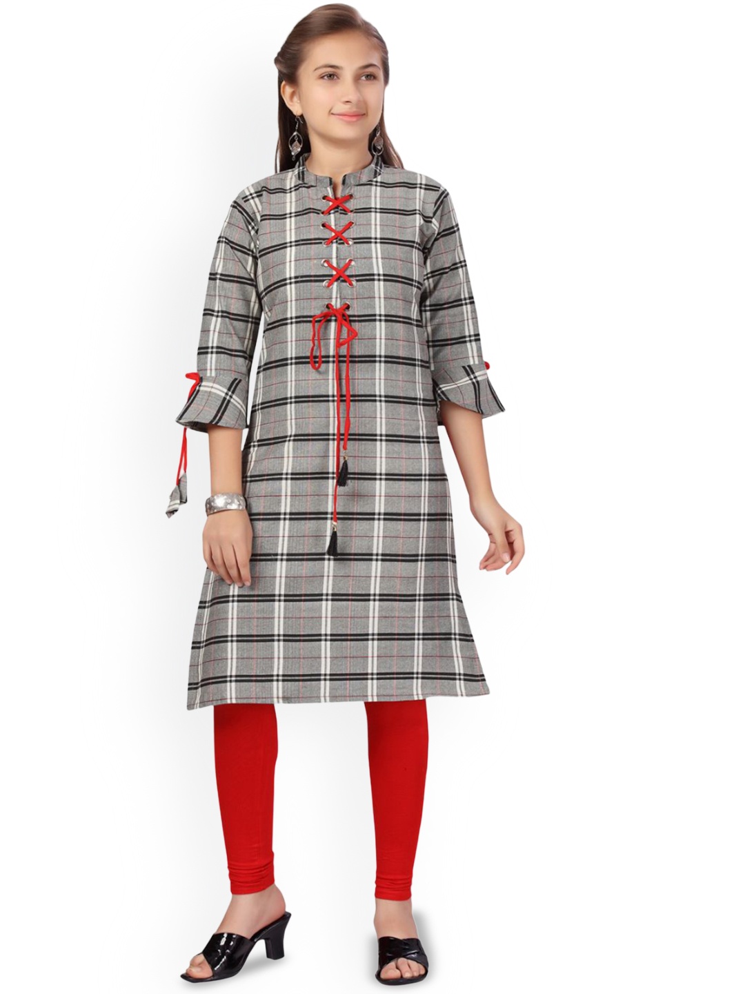 

BAESD Girls Checked Cotton A-Line Kurta, Grey