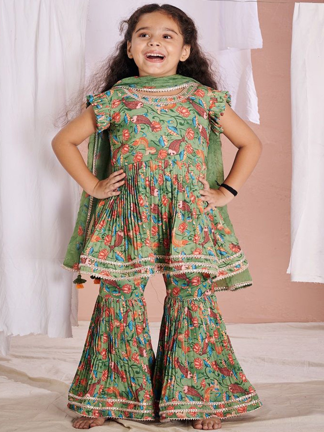 

Vivedkids Girls Floral Printed Gotta Patti A-Line Kurta with Sharara & With Dupatta, Green