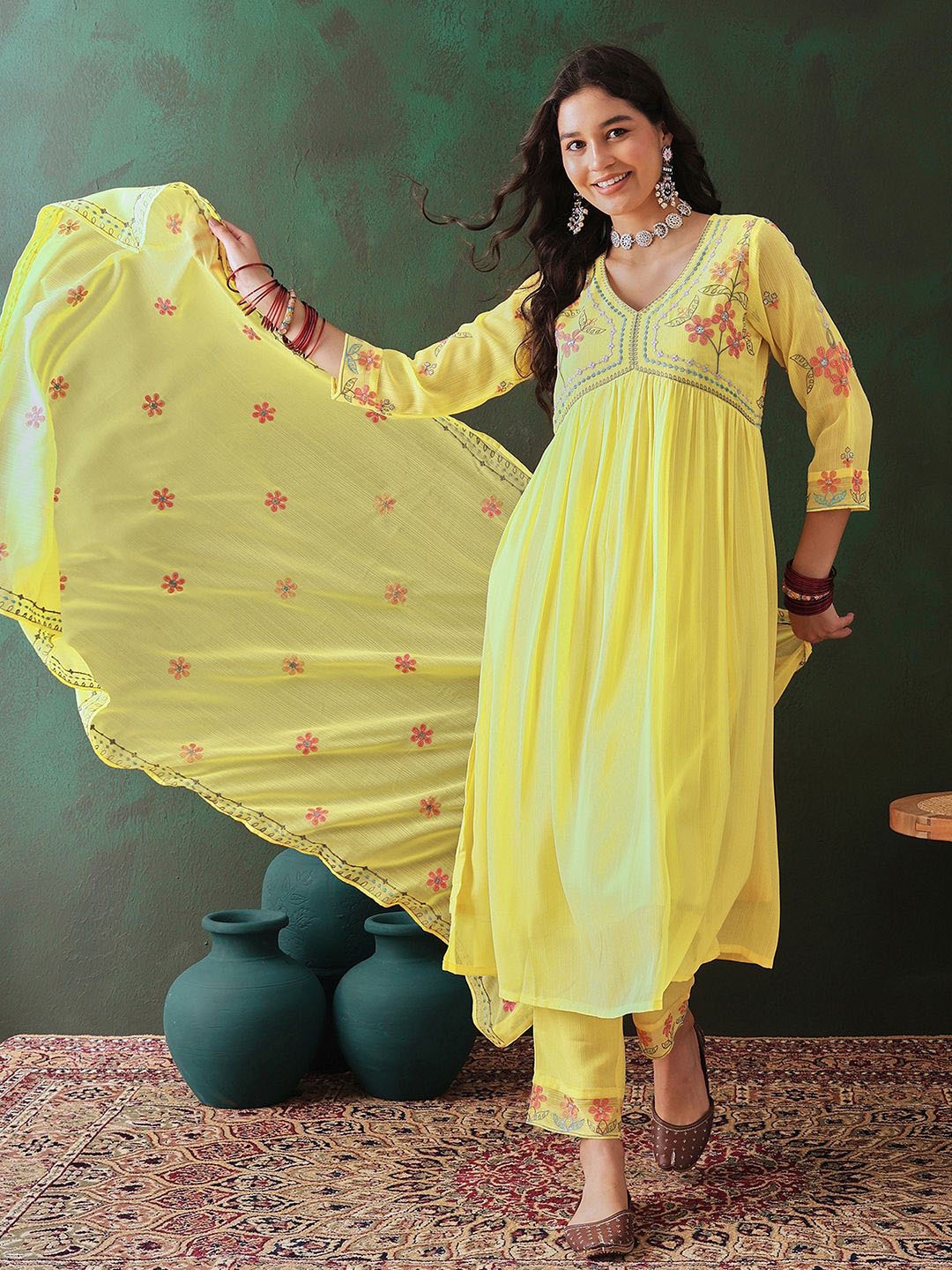 

Sangria Floral Embroidered A-Line Kurta & Trouser With Dupatta, Yellow