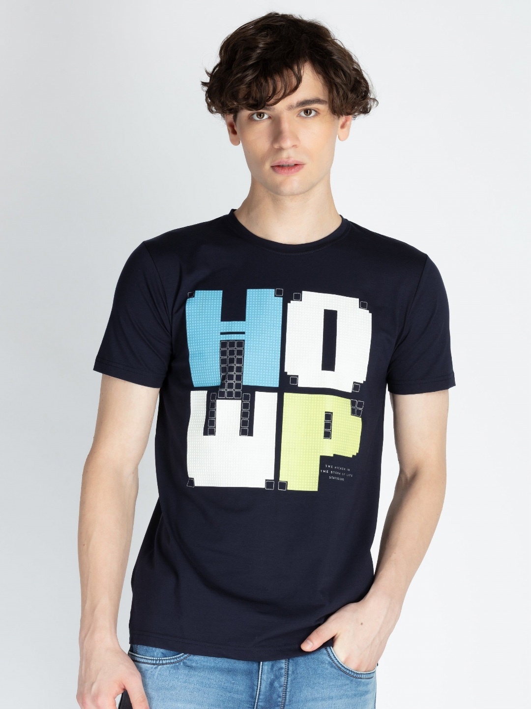 

Status Quo Men Typography Printed Round Neck Cotton T-shirt, Navy blue