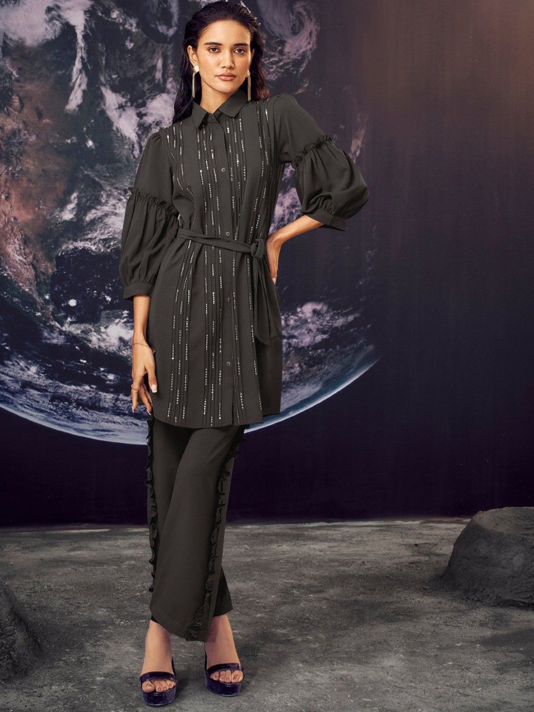 

AUTUMN LANE Embellished Shirt Collar Tunic With Trousers, Black