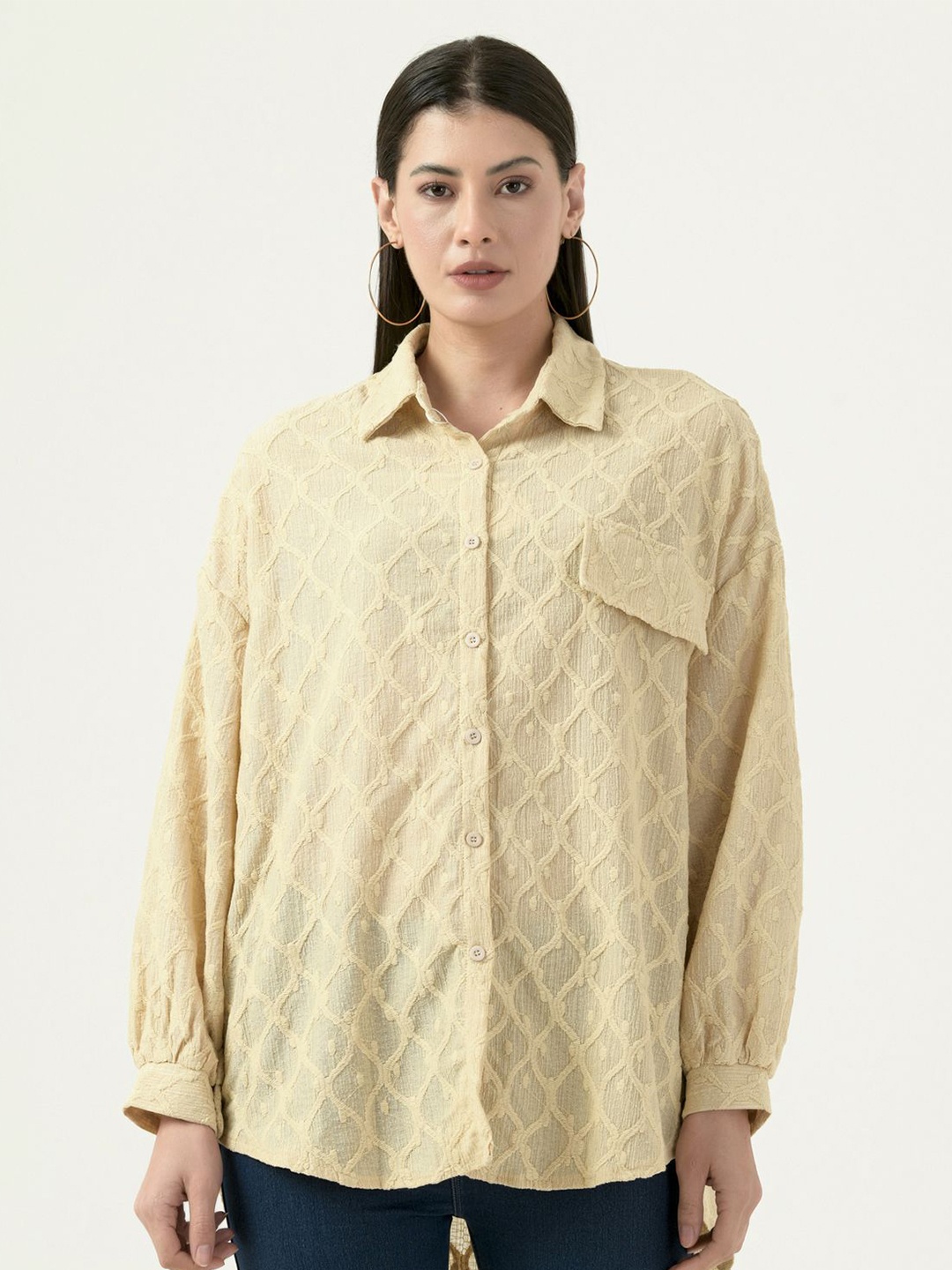 

Albion By CnM Women Spread Collar Textured Polycotton Casual Shirt, Beige