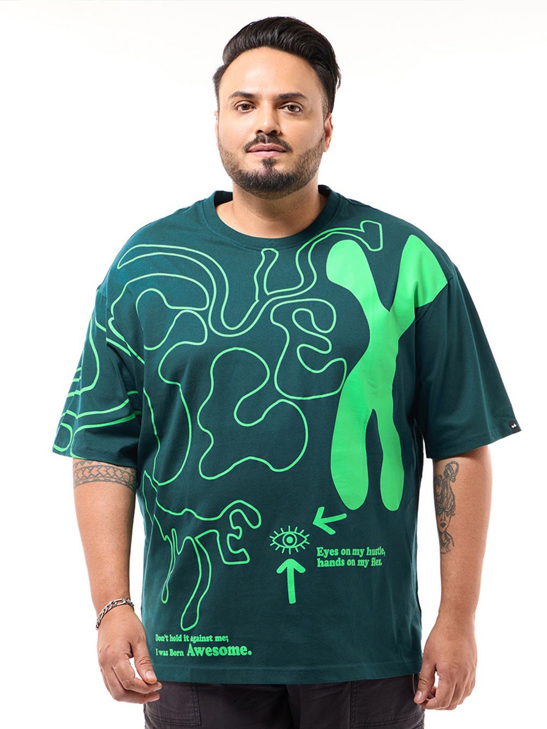 

Bewakoof Plus Men Abstract Printed Round Neck Pure Cotton Plus Size T-shirt, Green