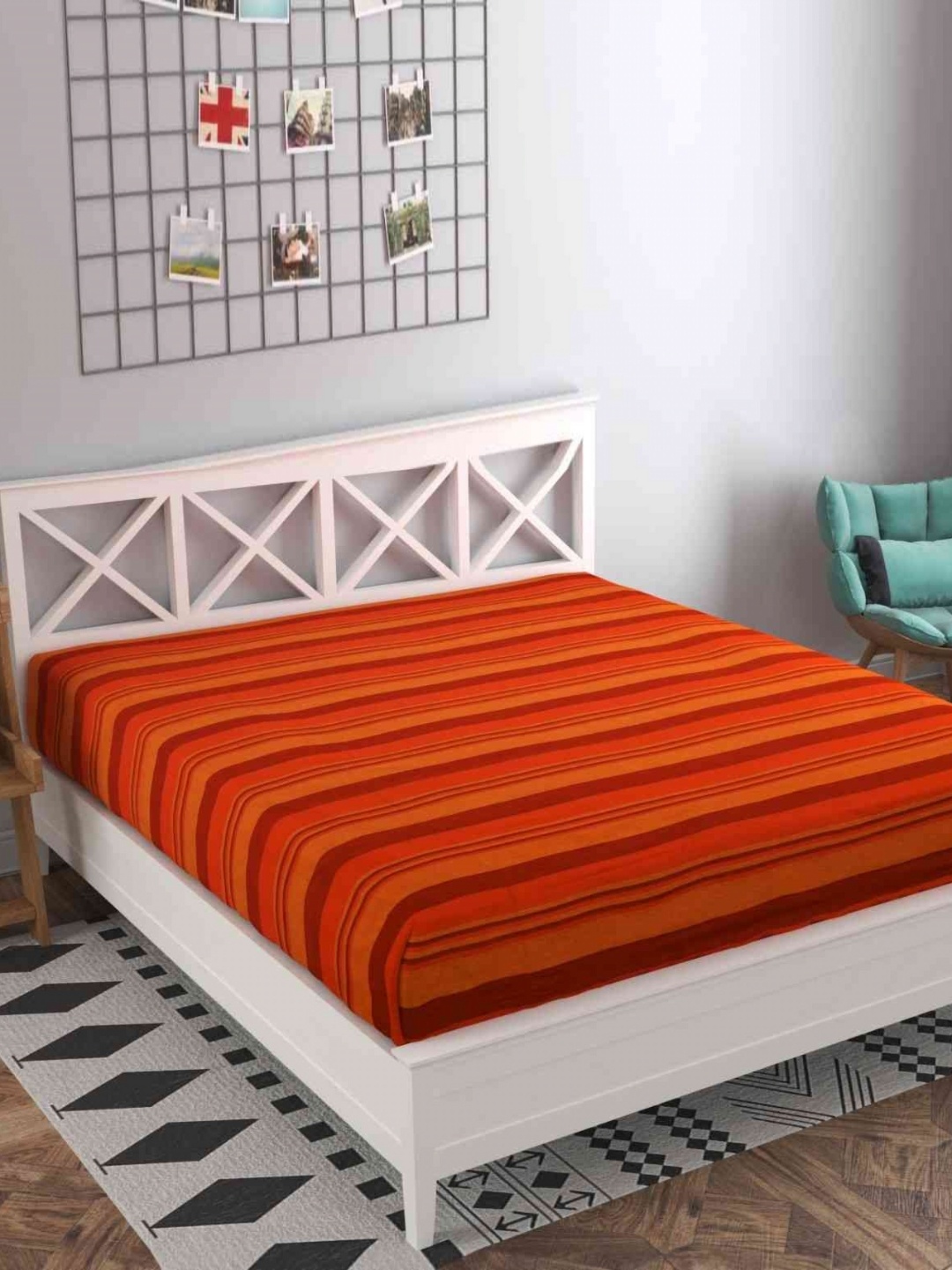 

RANGBHAR Orange & Maroon Striped Cotton King Bed Cover